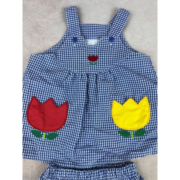 Vintage Tiny Tots Dress Blue Gingham Tulips Flower 3-6 Months 90s Y2K - Picture 3 of 4